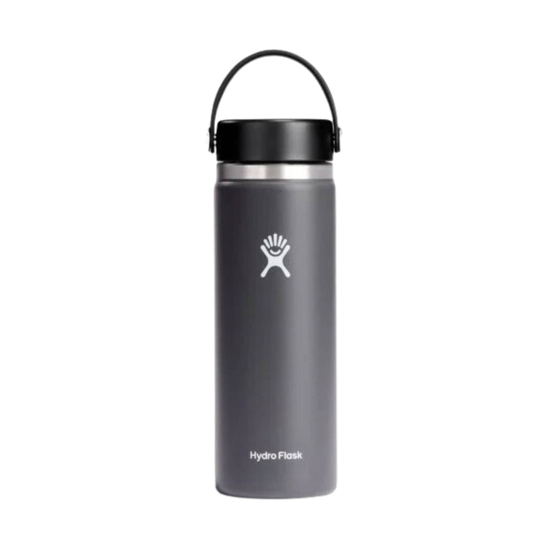 Gray insulated water bottle with black lid, carry loop, and Hydro Flask logo