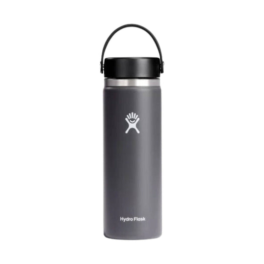Gray insulated water bottle with black lid, carry loop, and Hydro Flask logo