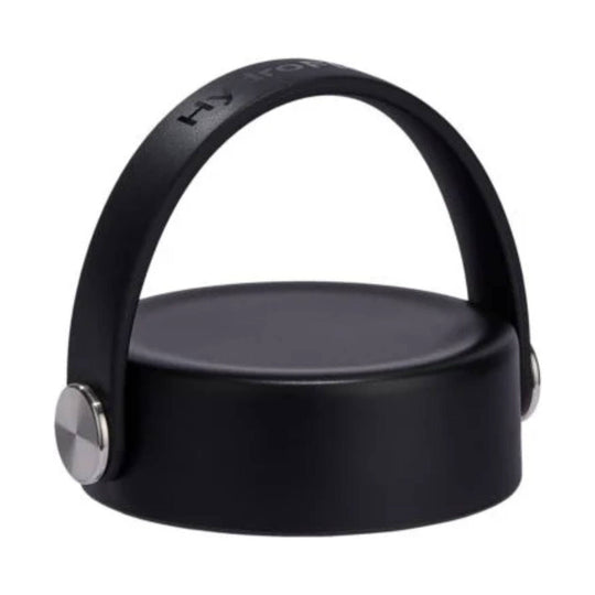 Black insulated travel mug with arched handle and flat lid