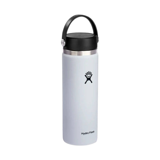 White insulated water bottle with black lid and carry loop, shown front view