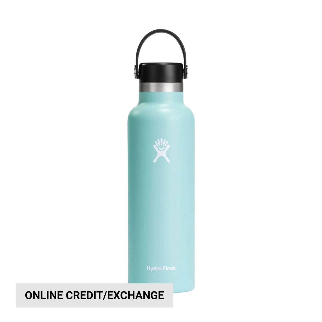 Light blue Hydro Flask water bottle with black carry loop and an ONLINE CREDIT/EXCHANGE banner