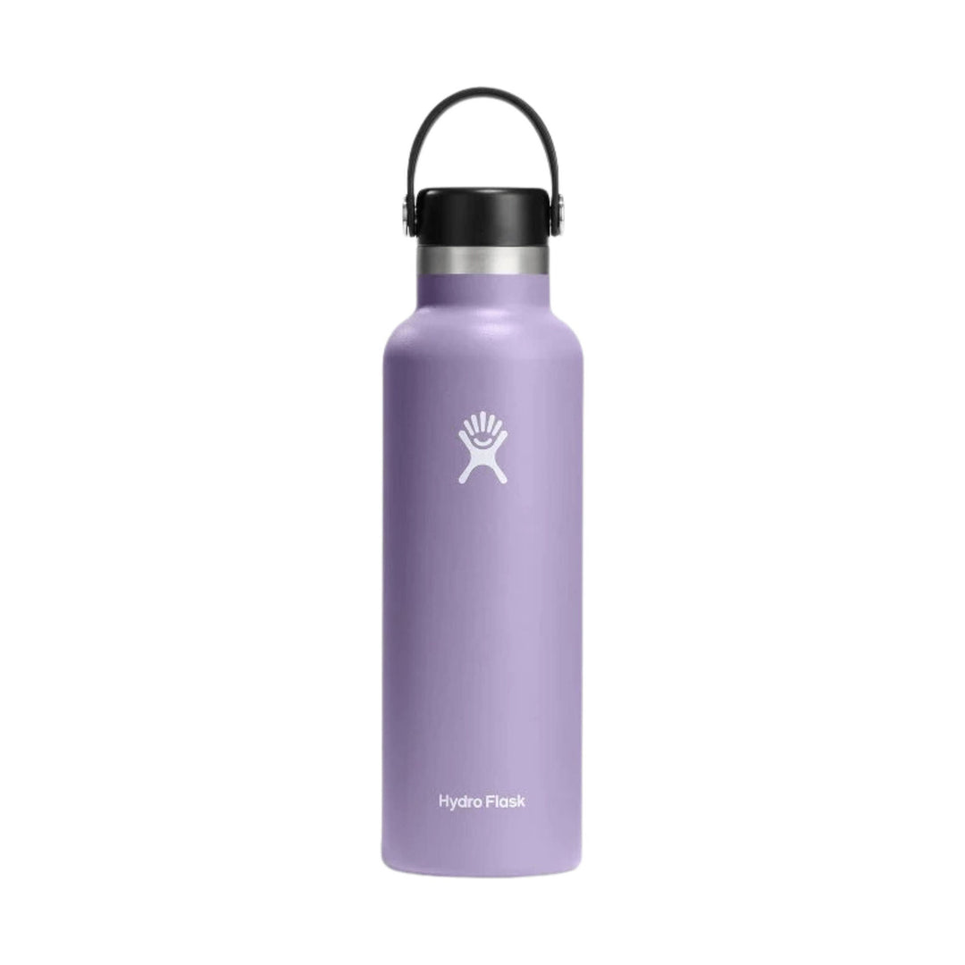 Lavender stainless steel water bottle with black screw-on cap and carry loop