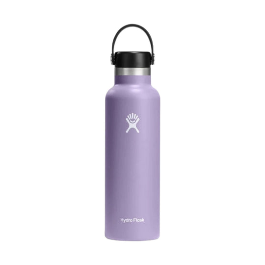 Lavender stainless steel water bottle with black screw-on cap and carry loop
