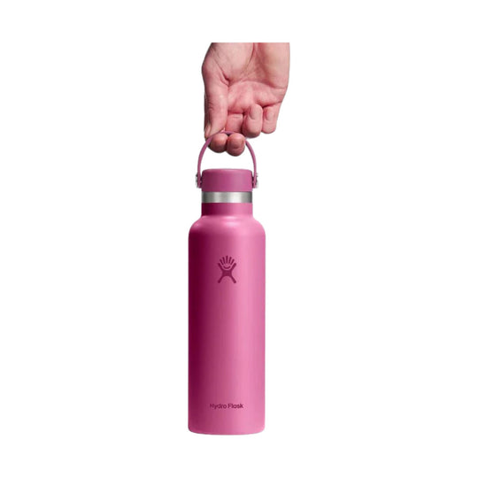 Pink insulated water bottle with a carry handle and visible Hydro Flask logo