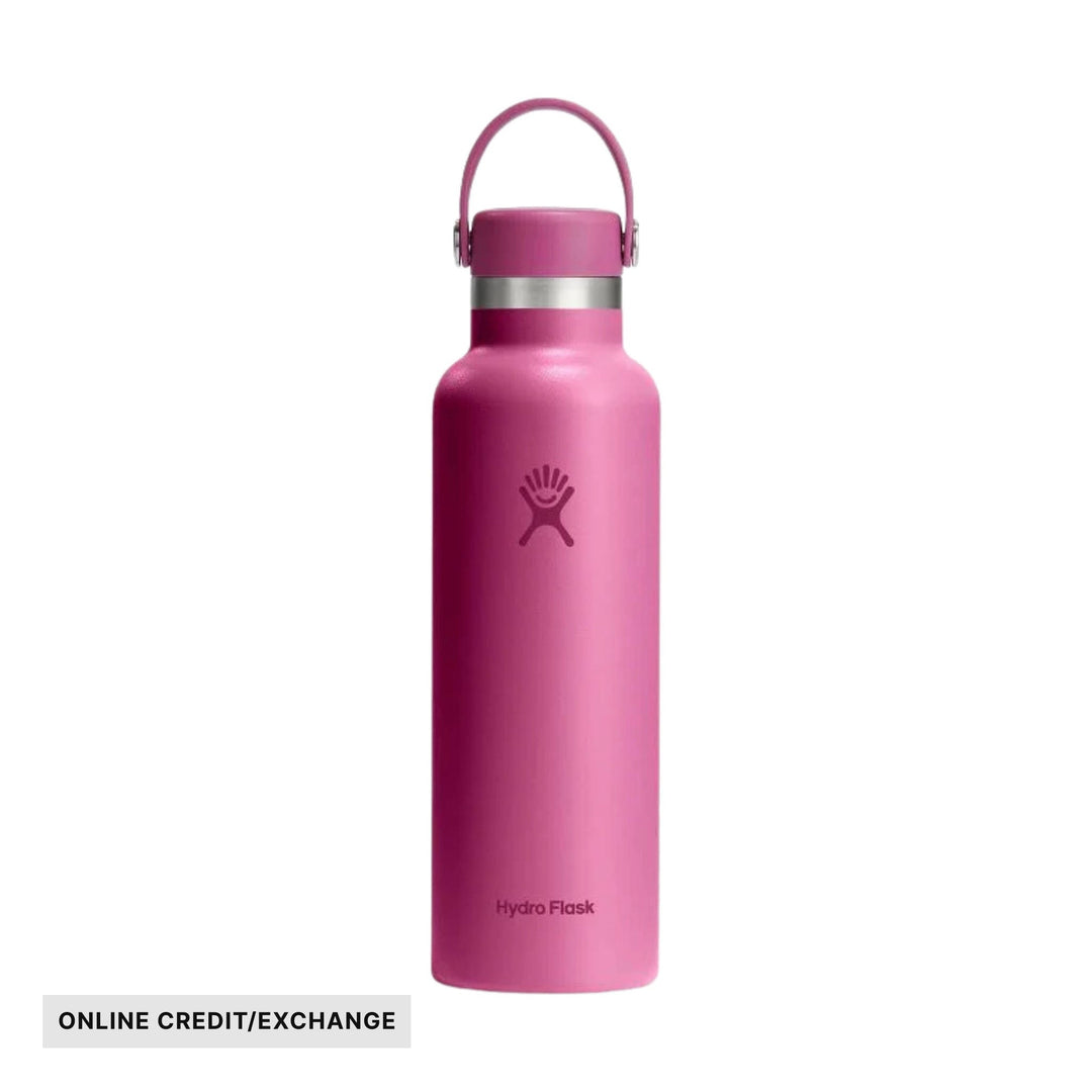 Pink insulated water bottle with handle, metal collar, and Hydro Flask logo; ONLINE CREDIT/EXCHANGE