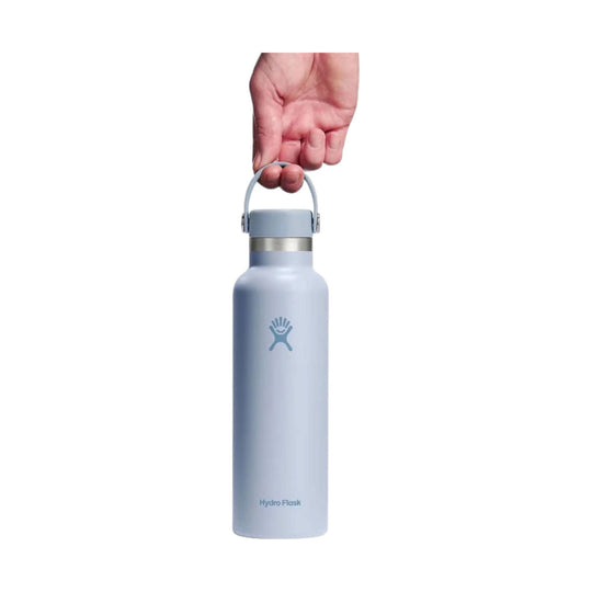 Light blue insulated water bottle with a handle lid and Hydro Flask logo