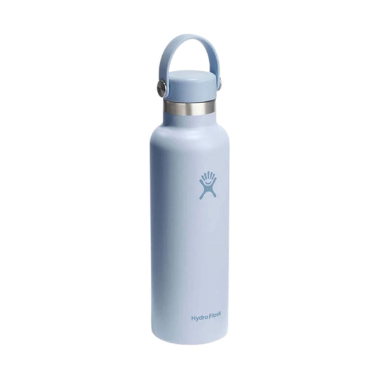 Light blue insulated water bottle with a loop handle, stainless steel collar, and small front logo.
