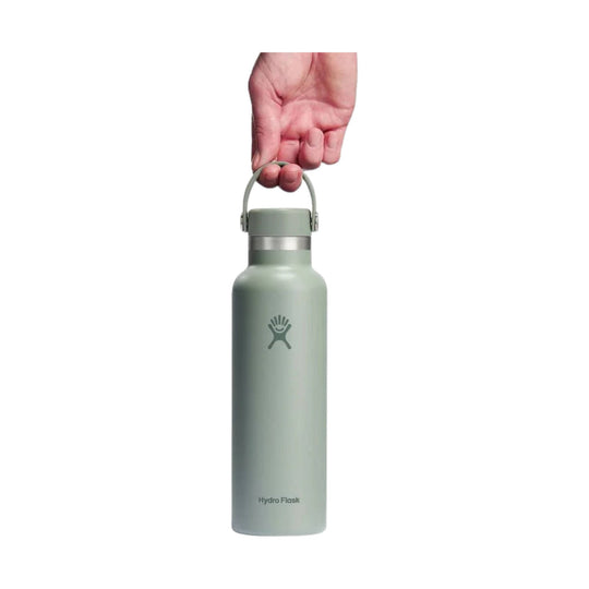 Stainless steel water bottle with a loop cap and visible Hydro Flask logo