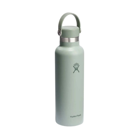 Light sage stainless steel water bottle with a loop cap and Hydro Flask logo