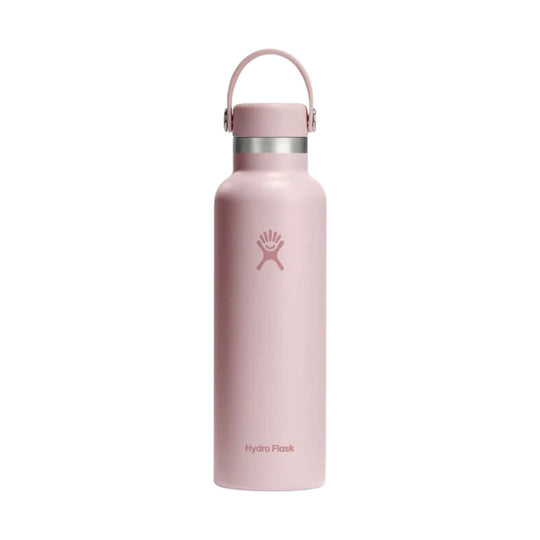 Pink stainless steel water bottle with a loop handle and Hydro Flask logo