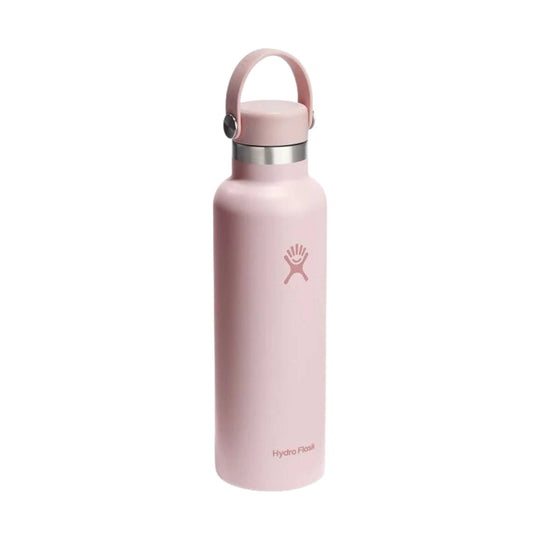 Light pink stainless steel water bottle with loop handle and Hydro Flask logo