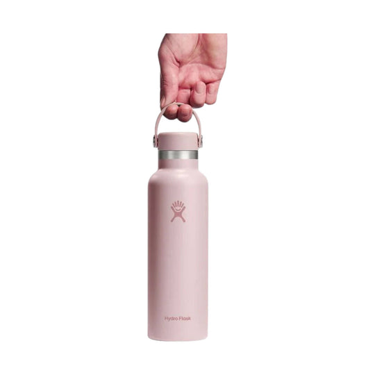 Pink insulated water bottle with a loop handle and visible Hydro Flask logo