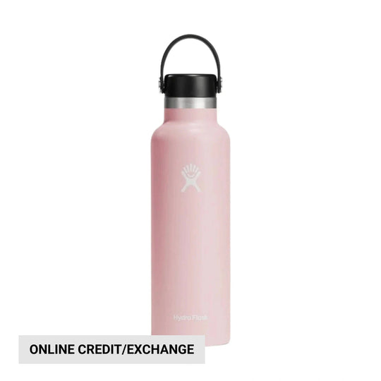 Pink metal water bottle with black cap and carry handle