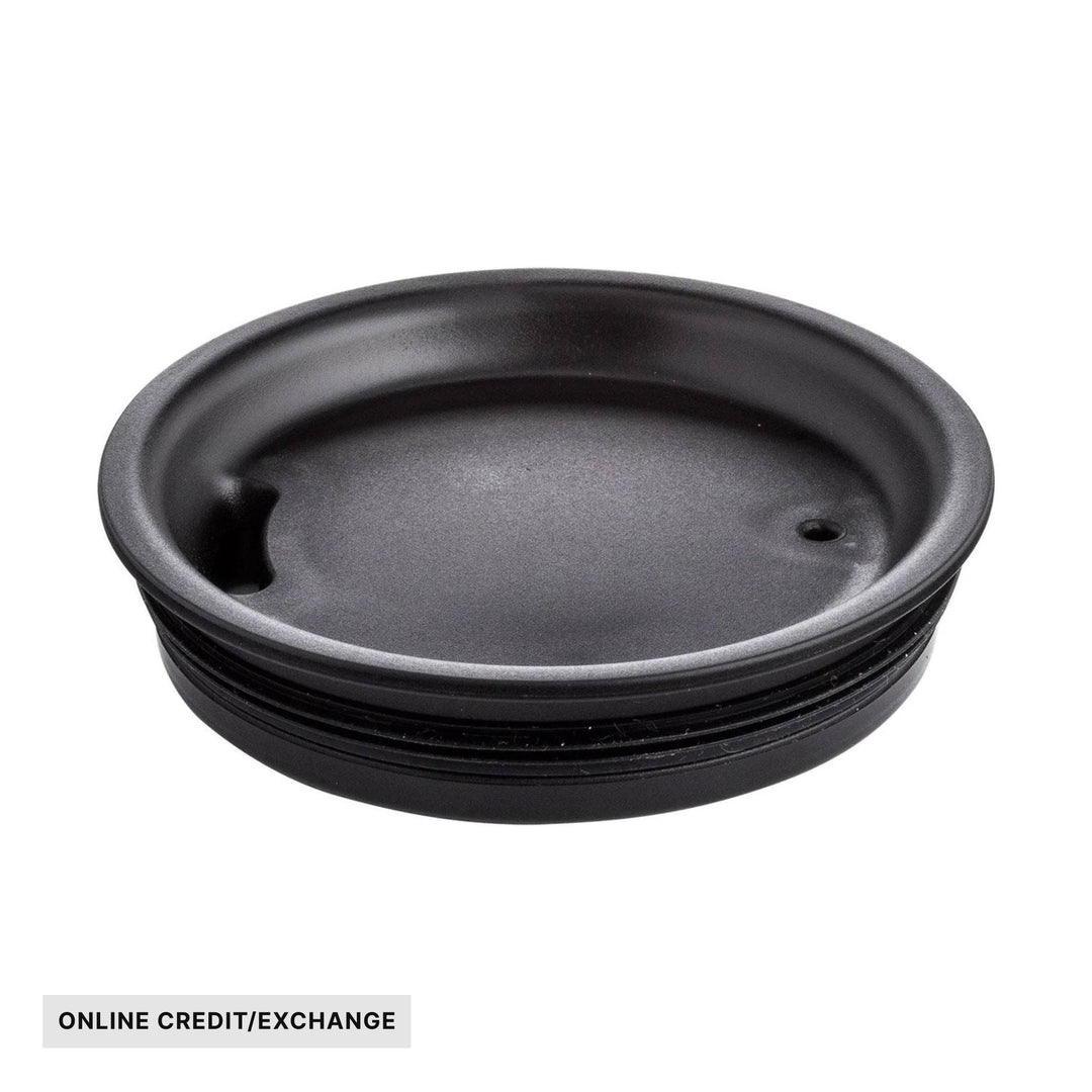 Black round tumbler lid with sip opening and small vent hole