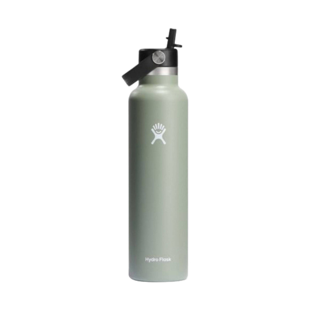 Light sage insulated water bottle with black straw cap and carry loop