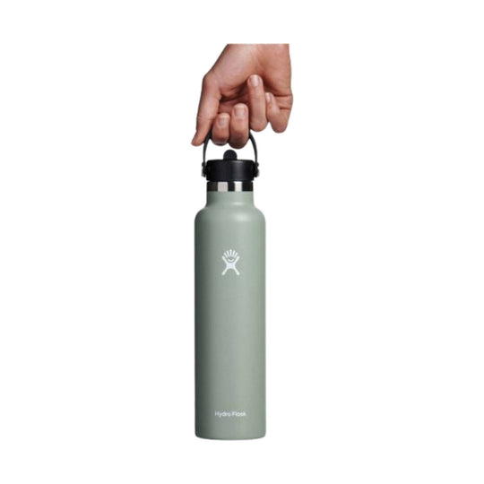 Light sage insulated water bottle with black screw-on flex straw cap and carrying loop