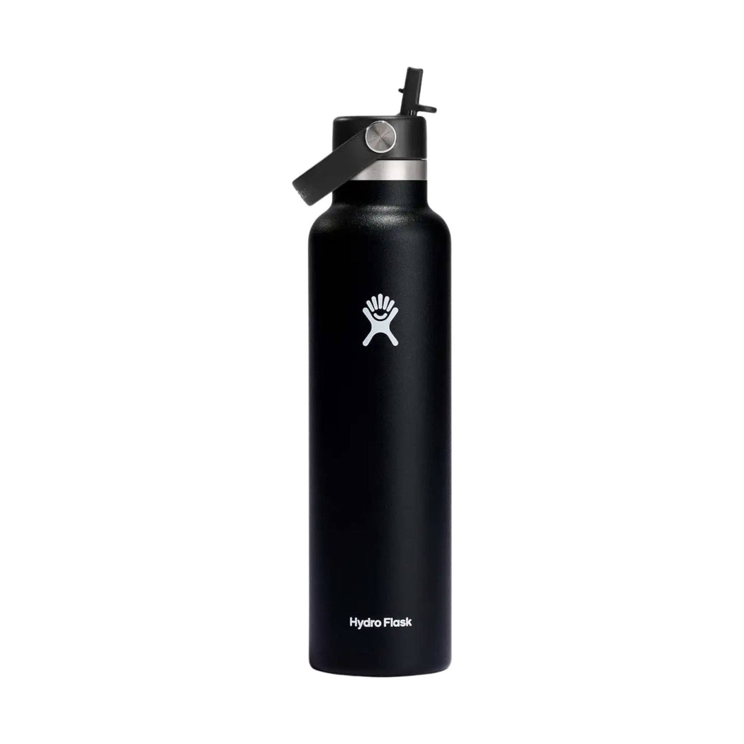 Black stainless steel water bottle with straw lid and carry loop