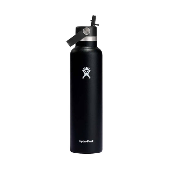 Black stainless steel water bottle with straw lid and carry loop