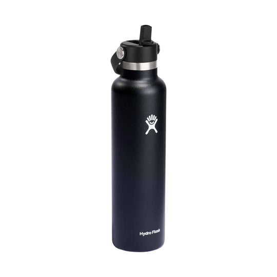 Black insulated water bottle with a straw lid and carry loop