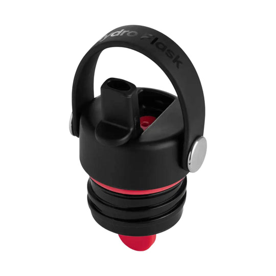 Black insulated bottle cap with flip-up straw handle and red accent ring