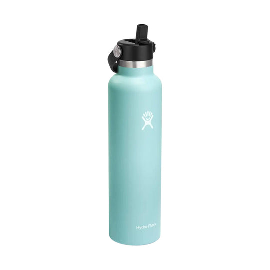 Mint green insulated water bottle with black straw lid and white Hydro Flask logo