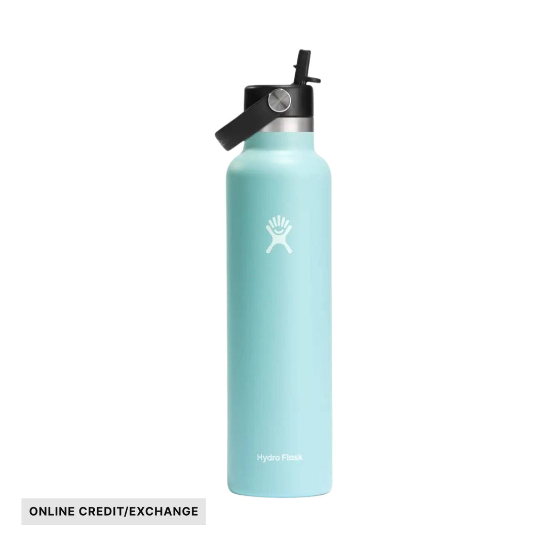 Light blue insulated water bottle with black straw cap and white logo