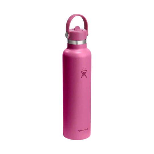 Pink stainless steel water bottle with a loop handle and silver band near the cap