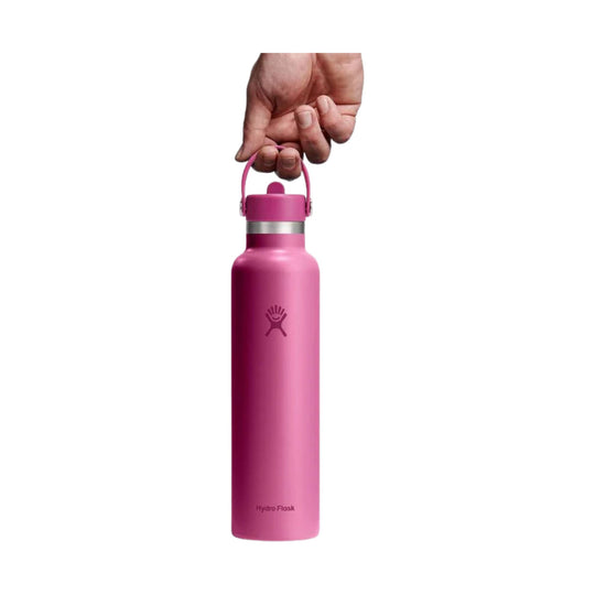 Pink insulated water bottle with loop handle and metal band near the lid