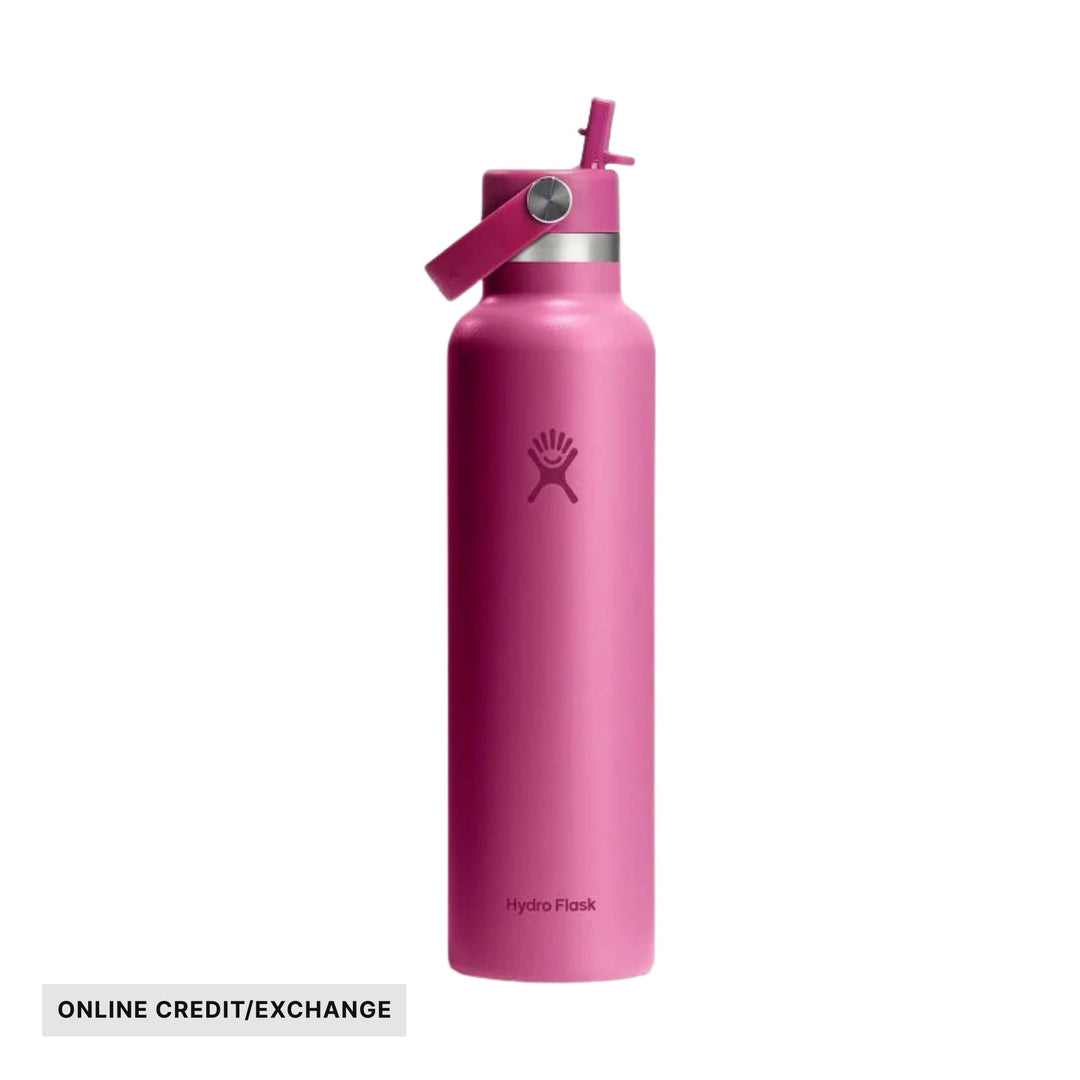 Pink water bottle with straw lid, carry loop, and Hydro Flask logo