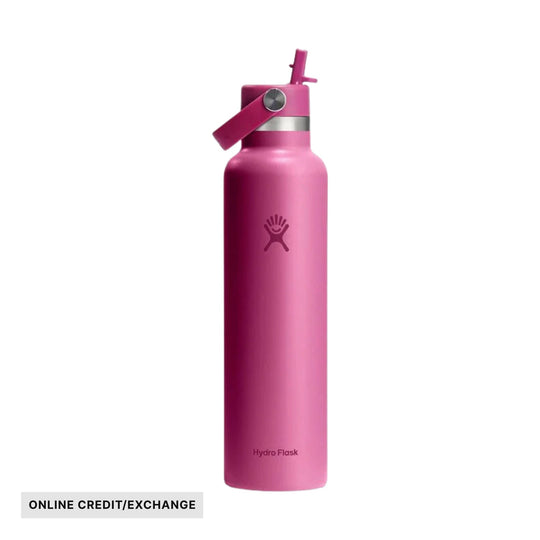 Pink water bottle with straw lid, carry loop, and Hydro Flask logo