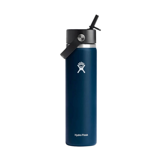 Blue stainless steel water bottle with black straw lid and Hydro Flask logo