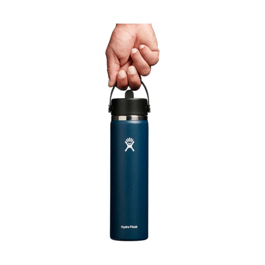 Blue insulated water bottle with black flex straw cap and carry handle