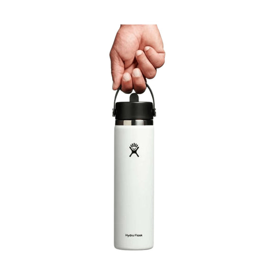 White insulated water bottle with black straw lid and carry handle