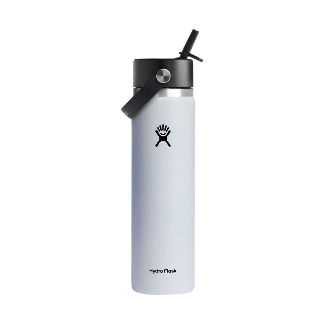 Tall white insulated water bottle with black straw lid and wrist strap