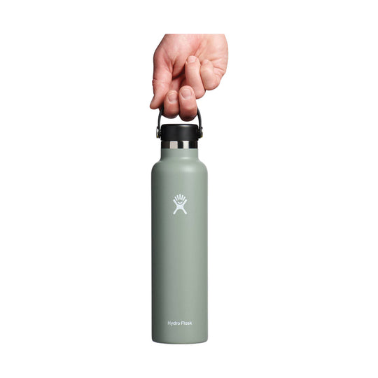 Sage green stainless steel water bottle with a black cap and carrying loop