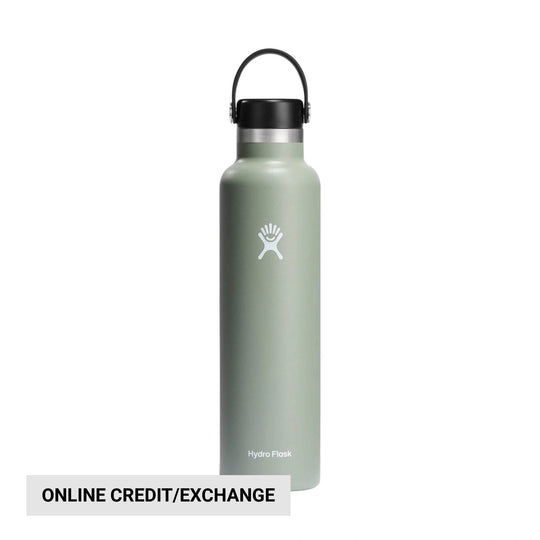 Matte sage-green insulated water bottle with black carry loop and white logo