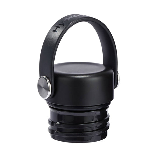 Black insulated water bottle with an arched handle and silver side caps