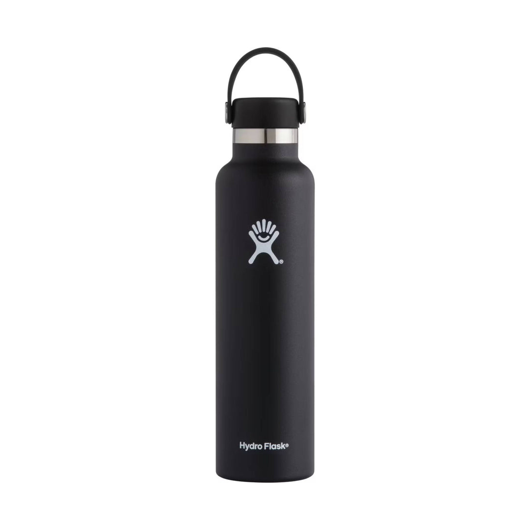 Black insulated water bottle with a loop handle and white logos