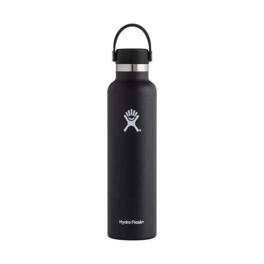 Black insulated water bottle with a loop handle and white logos
