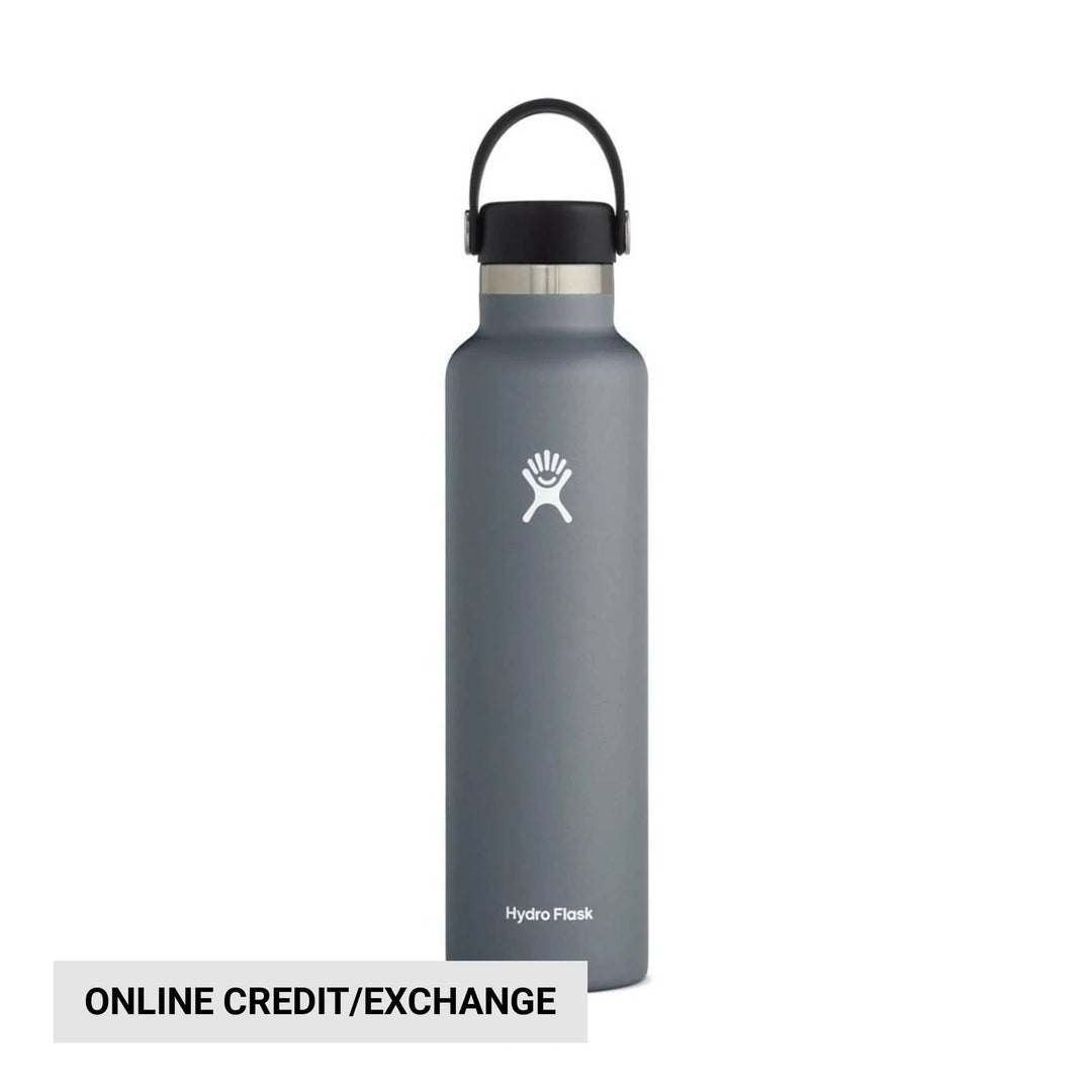 Gray stainless steel water bottle with black cap and loop, labeled Hydro Flask; online credit/exchange banner