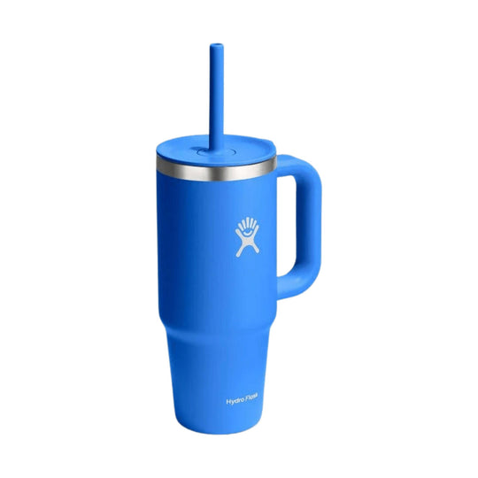 Blue insulated travel tumbler with handle and straw lid