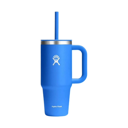 Blue handled insulated travel tumbler with lid and straw