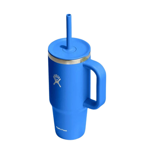 Blue handled travel tumbler with straw lid and stainless steel rim