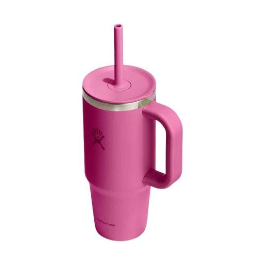 Light teal handled travel tumbler with straw lid
