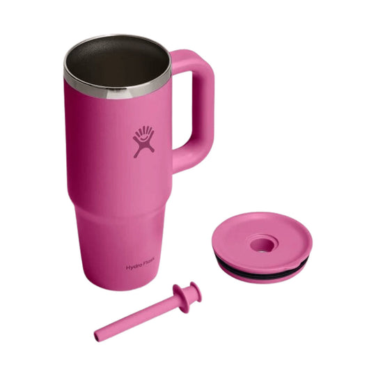 Pink insulated travel tumbler with handle, lid, and straw