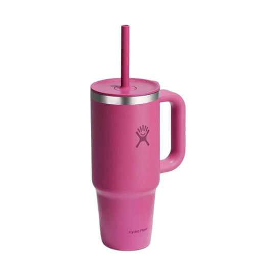 Pink insulated travel tumbler with handle, lid, and straw