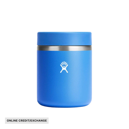 Blue insulated food jar with a stainless steel band and white logo, with ONLINE CREDIT/EXCHANGE text below