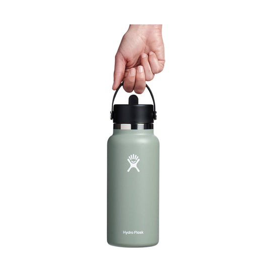 Sage green insulated water bottle with black straw cap and carry loop