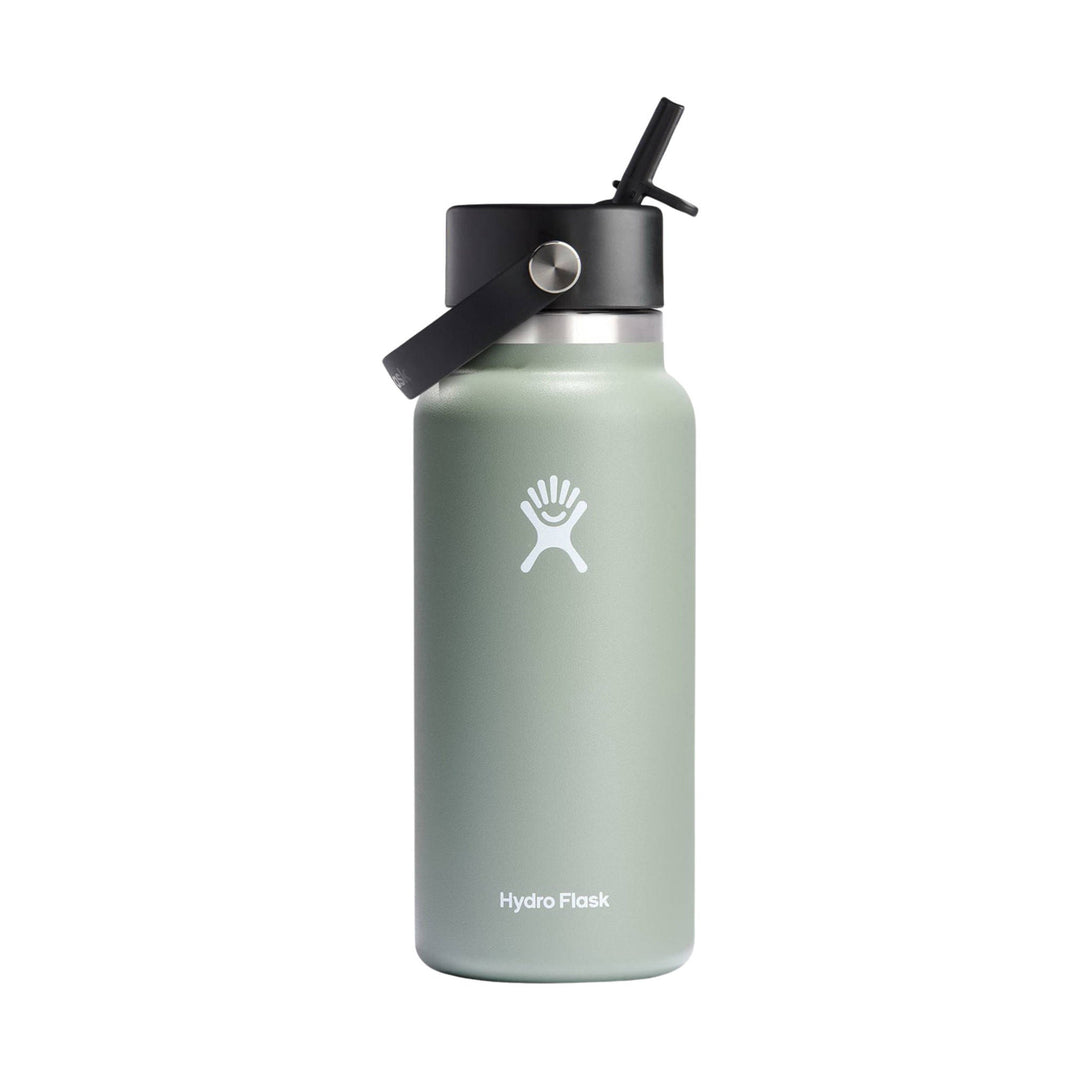 Sage green insulated water bottle with black straw lid and white logo