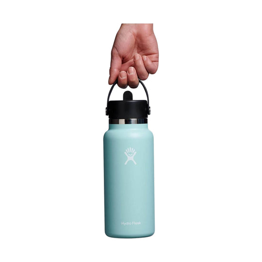 Light blue insulated water bottle with black straw lid and carry handle